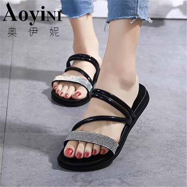 

slippers women shiny slipper summer casual crystal rhinestone beach flat shoes fashion flip flop non-slip outdoor sandal lady slides, Black