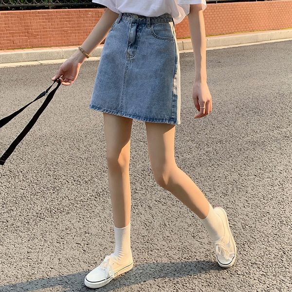 

2021 new spring summer women denim mini skirts harajuku casual slim high waist a-line vintage blue short jean skirt female elegant gqiq, Black