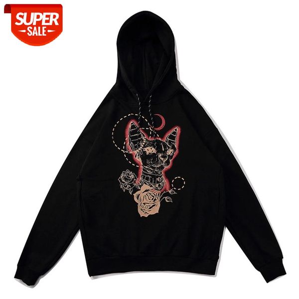 

2020 Hip Hop Streetwear Hairless Cat Print Hoodie Men Autumn Winter Loose Hooded Pullover Cotton Harajuku Hoodie Swatshirt Black #ns9f