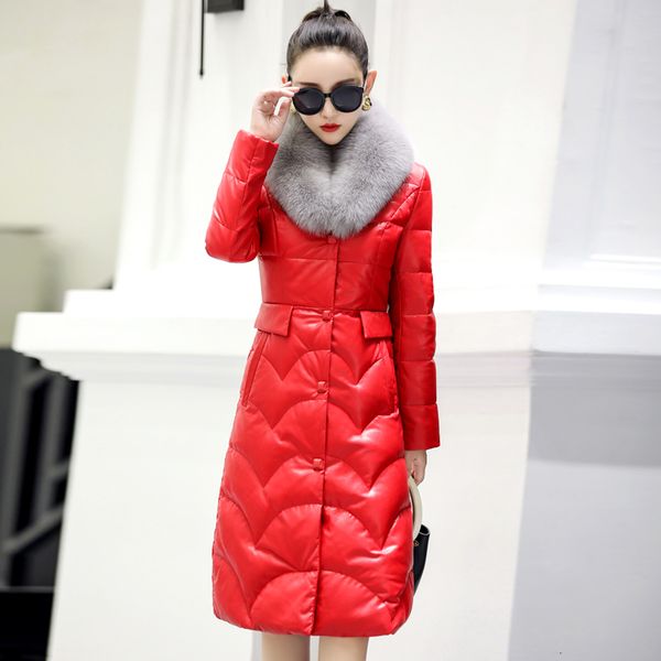 

2021 new plus size 5xl winter women sheep long coat real leather jacket fox fur collar down jackets pp079 s22z, Black