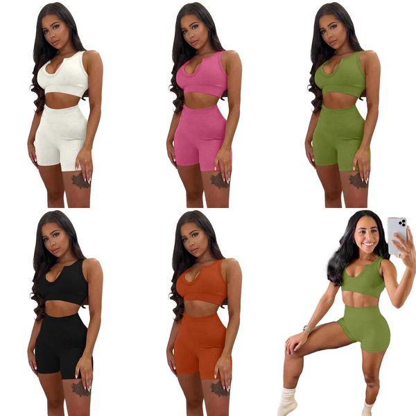 

women tracksuits designer solid color deep v neck summer fashion sports outfits slim thickened thread sleeveless shorts two piece sets 8706, Gray