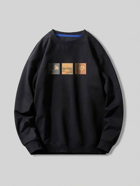 

men graphic print round neck pullover n7eb#, Black