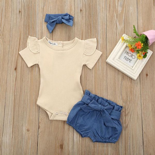 

3pcs baby girls infant clothes set soild color ruffle cotton soft romper jumpsuit bowknot denim summer shorts outfits 6m-24m, White