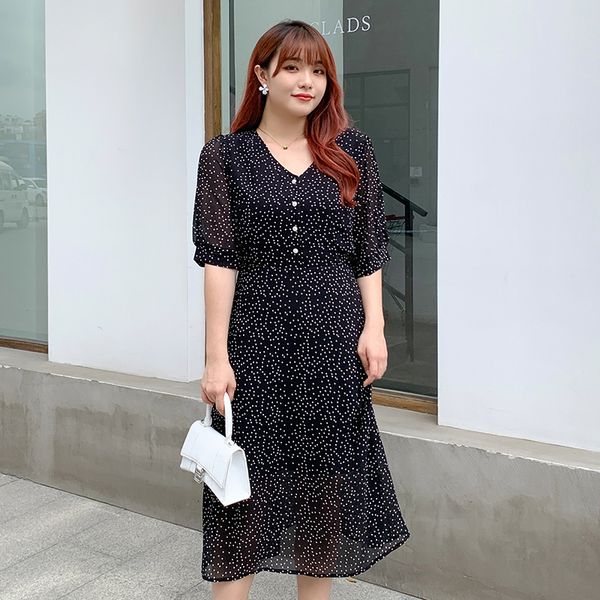 

new fashion plus-size v-neck polka dot thin dress 2350 a5g5, Black;gray