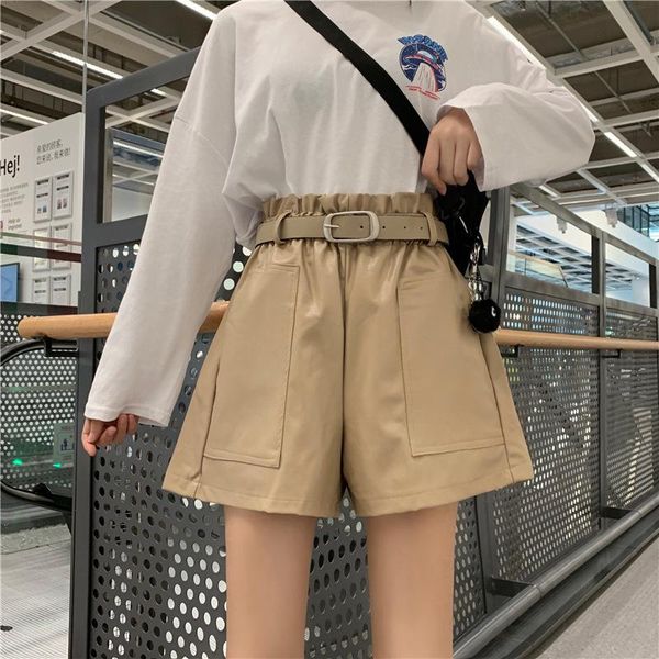 

women's pants & capris high waist loose pu leather shorts women england style sashes wide leg short ladies autumn winter, Black;white