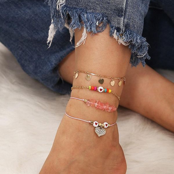 

anklets summer bohemia metal crystal heart pendant anklet multilayer weave colorful beaded gravel on leg for women foot jewelry, Red;blue