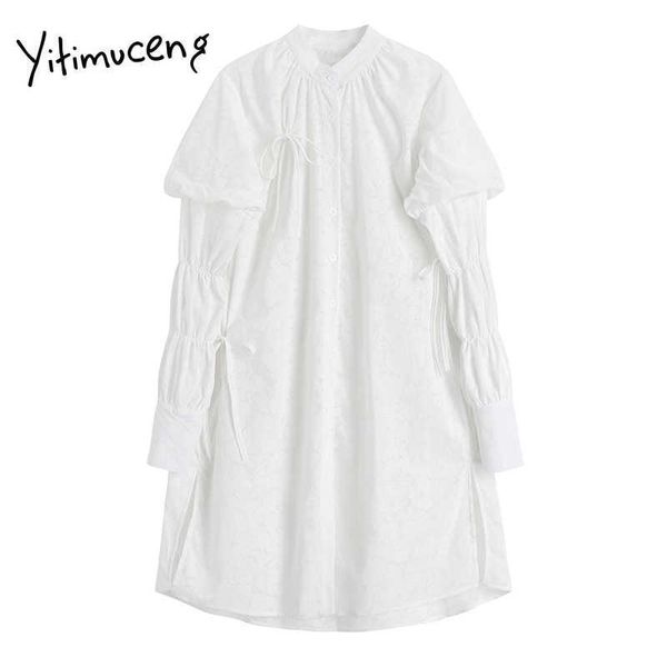 

yitimuceng white dresses women lace up puff sleeve stand high waist a-line clothes solid spring korean fashion dress 210601, Black;gray