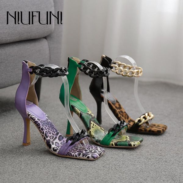 

sandals metal chain one word strap stiletto heels women square toe open wine glass heel leopard print zipper shoes, Black