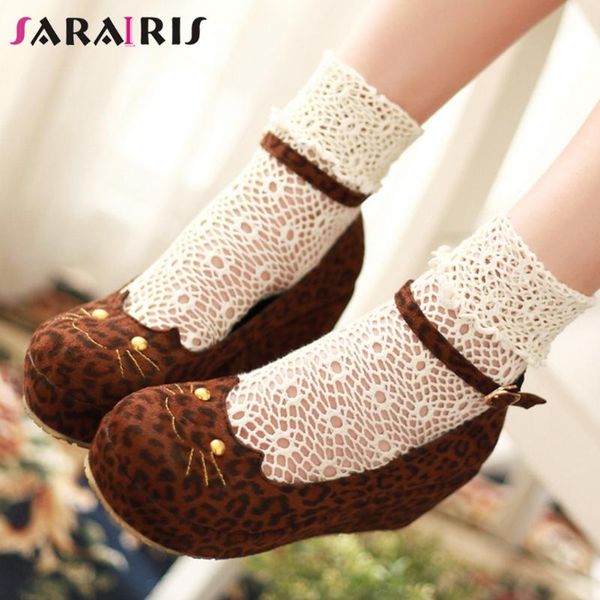 

dress shoes sarairis sweet female rounf toe platform high wedges pumps ankle strap leopard casual women cat print woman, Black