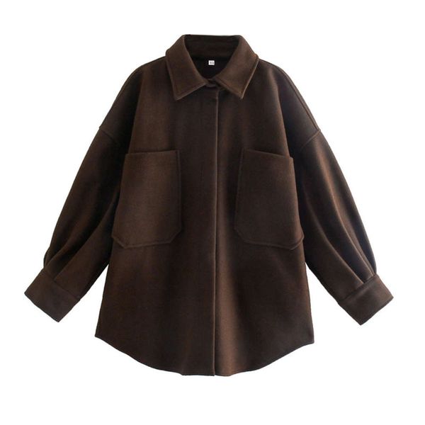 

autumn style loose lapel single breasted solid color large pocket shirt coat, Black;brown