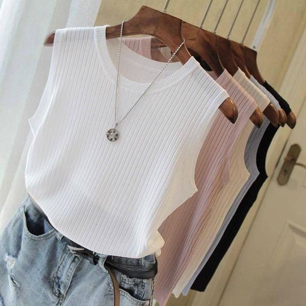 

women's tanks & camis vest women summer t-shirts wide shoulder strap all-match ice silk thin inner sleeveless knitted solid female 2021, White
