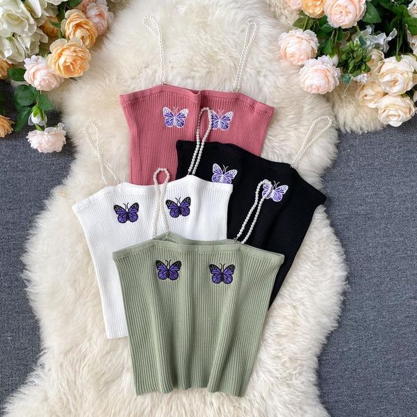 

women's t-shirt ins trend tanks girls nice embroidery butterfly stylish bottom shirt sleveless pearl strap camis women, White