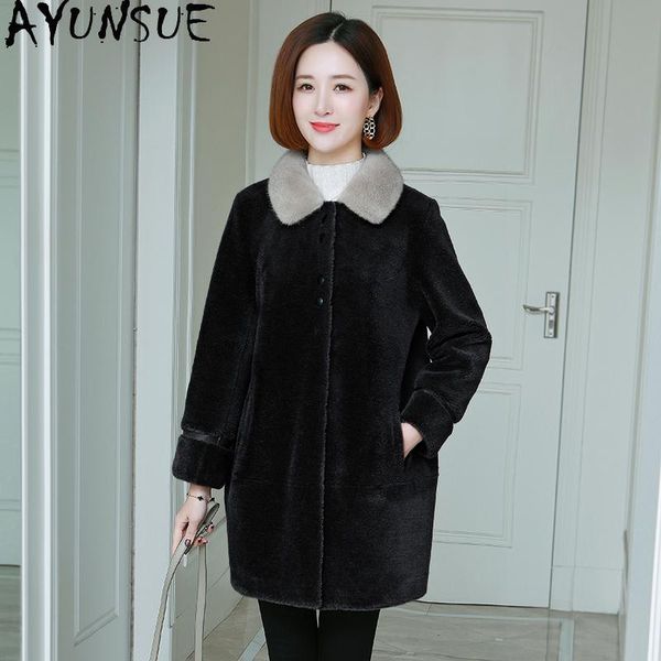

women's fur & faux ayunsue winter real mink collar coat female 2021 elegant sheep shearling jackets coats jaqueta feminina gxy556, Black