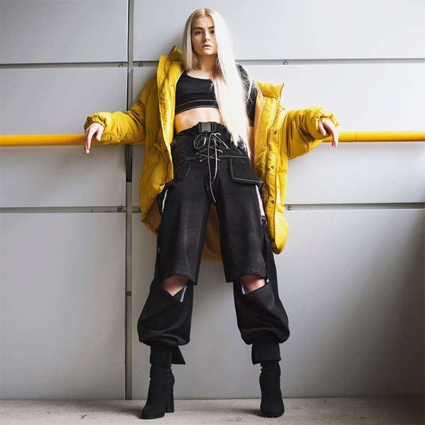 

hegel 2020 spring new men's irregular hollow strap reflective high waist casual pants corset overalls, Black;white