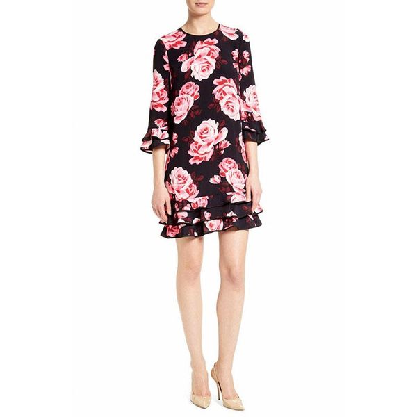 

casual dresses autumn fashion customize made women plus size 3xs-10xl o neck retro vintage rose flower printing knee length a line dress, Black;gray