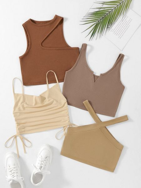 

4pcs notched neckline tank & drawstring cami & halter f4rx#, White