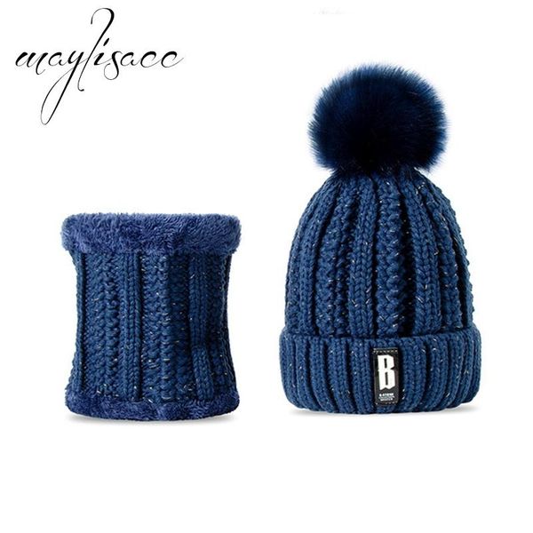 

hats, scarves & gloves sets maylisacc female winter warm knitted hat with scarf set fleece prefect gift for women girls outdoor sport, Blue;gray