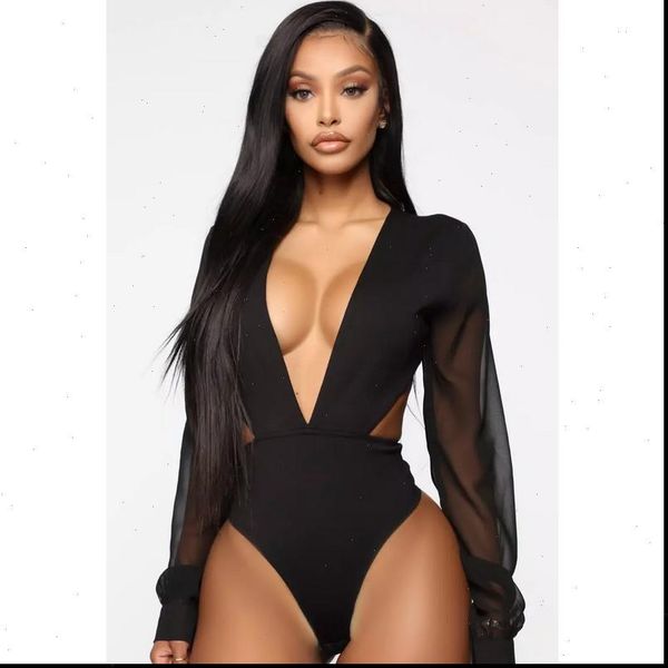 

women sheer v neck romper ladies black white long sleeve transparent backless leotard female bodysuits xl