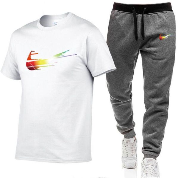 

2021 men's t shirts+pants two pieces sets casual tracksuit men 100% cotton suit print +pants gyms fitness trousers s-2xl, Gray