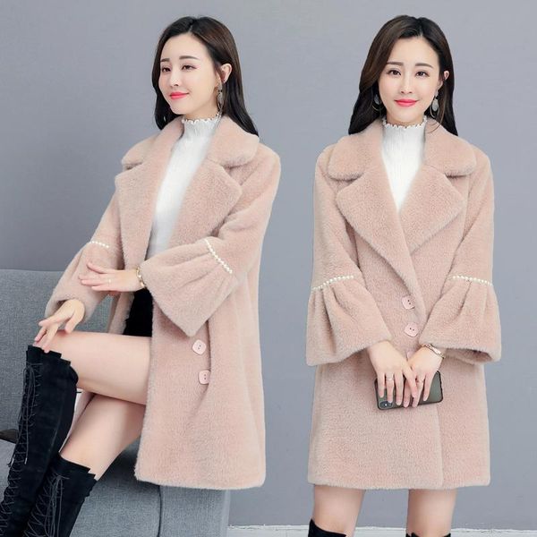 

women's wool & blends kmetram winter jacket women fashion woolen coat female faux mink velvet long clothes 2021 manteau femme my4684, Black