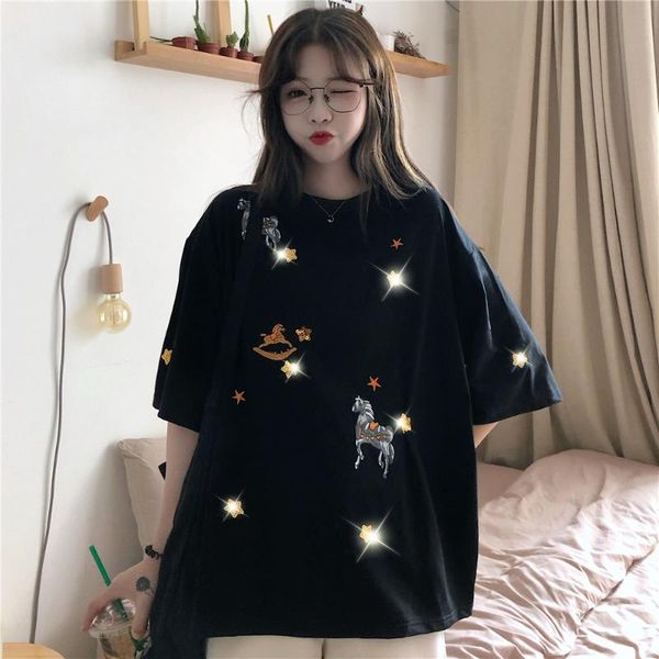 

women's t-shirt fashion harajuku sequin embroidery o-neck t shirt women korean clothes ladies cute loose plus size short kawaii tshirt, White