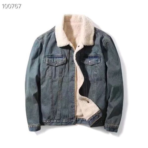 

2021 new latest autumn winter fashion kanye west pablo printing water washing lamb oversized men women denim jacket cotton dbe5, White;black