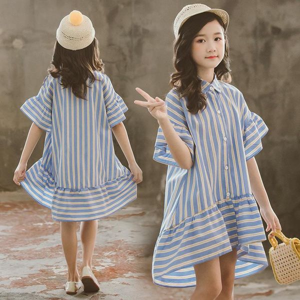

shirts fashion girls blouse 2021 summer loose short sleeve shirt ruffle blue striped for teenage school children clothing, White;black