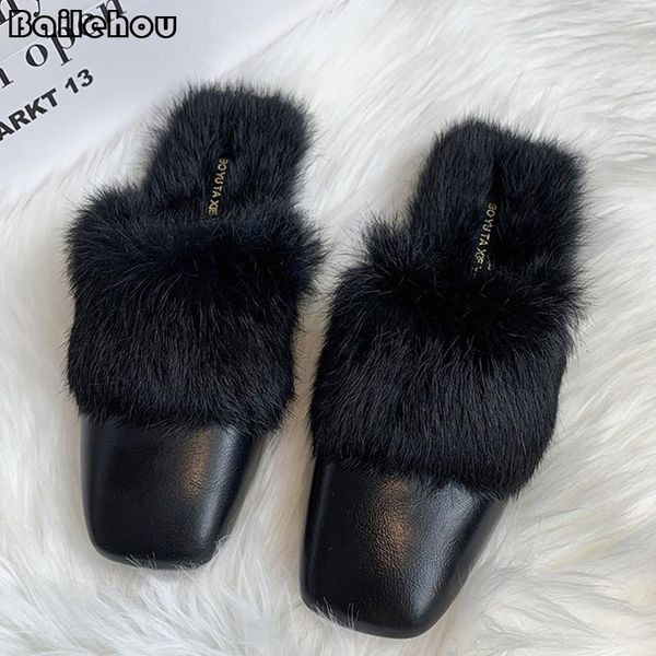

slippers flip flop ladies mules shoes for women 2021 winter furry outside casual indoor chain slides female flip-flops, Black