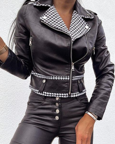 

women's jackets houndstooth splicing leather coat women long sleeve black short, Black;brown