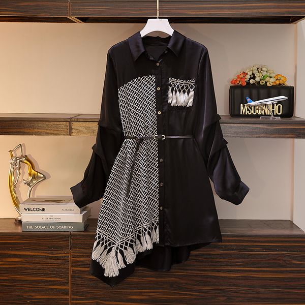 

Female Plus Size 4xl Printout Shredded Shirt Smart Casual Elegant Fall Office Clothes Big Single-breasted Dress K6sb, Black;gray