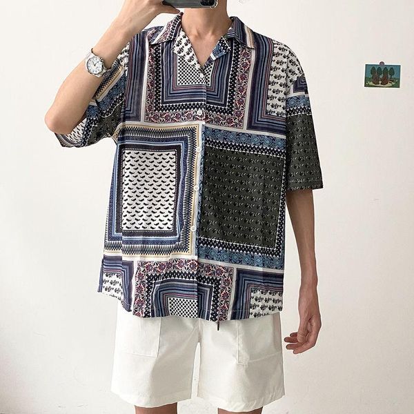 

men's casual shirts 2021 summer youth stitching personality printing original five-point sleeve shirt fashion jacket, White;black