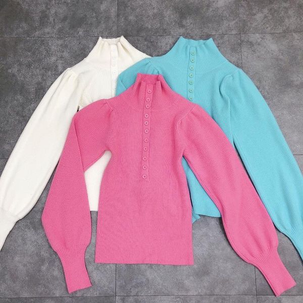 

women's knits & tees 2021 all-match puff sleeve high neck breasted thread stretch sweater women 0303, White