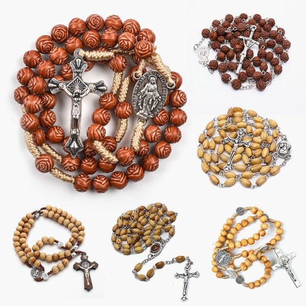 

pendant necklaces 9 styles handmad diy christ jesus wooden beads rosary cross strand religious praying rope chain necklace, Silver