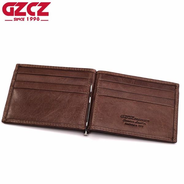 

card holders gzcz 2021 genuine leather cow business purse clamp for money bifold holder wallet cash bag, Brown;gray