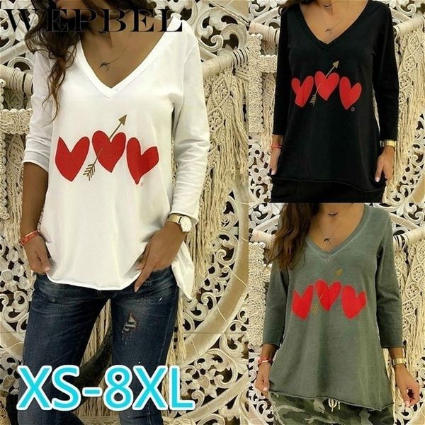 

wepbel women's fashion heart print long sleeve v-neck t-shirts cotton tee cute female casual plus size xs-8xl, White