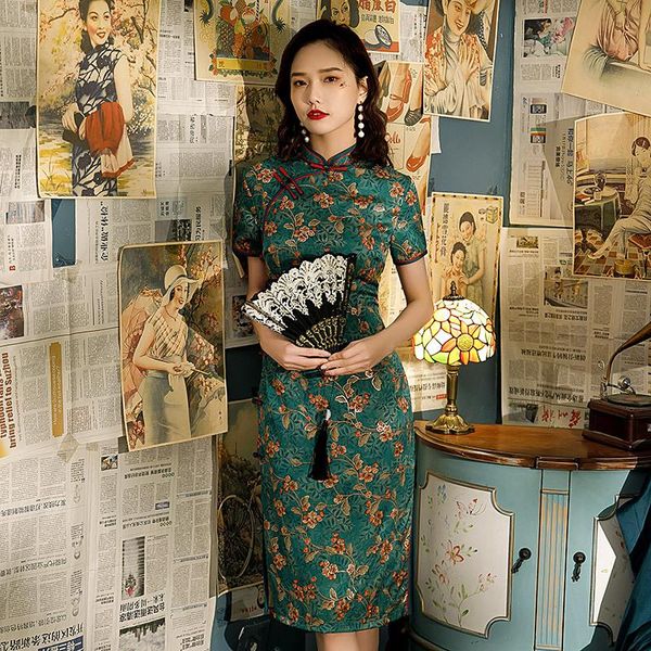 

ethnic clothing chinese women cheongsam vintage short sleeve elegant qipao floral stand collar ladies festival party split wedding dress, Red