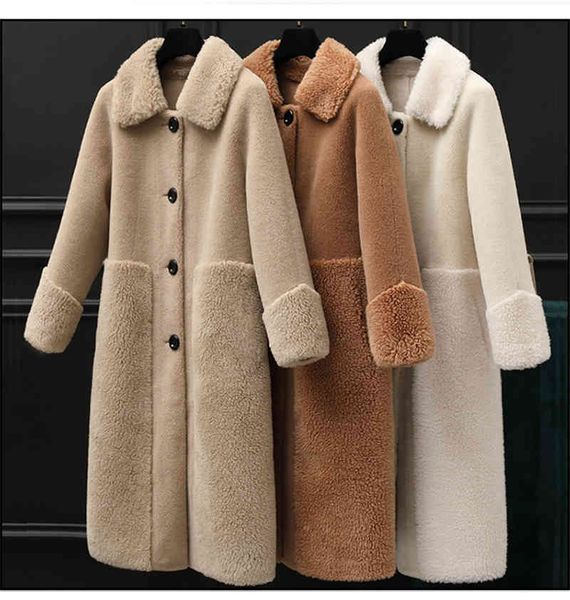 Cappotto da tosatura delle pecore domestiche Pelliccia da donna Cappotto di lana con lacci medio e lungo di mezza età in velluto granulare coreano 211213