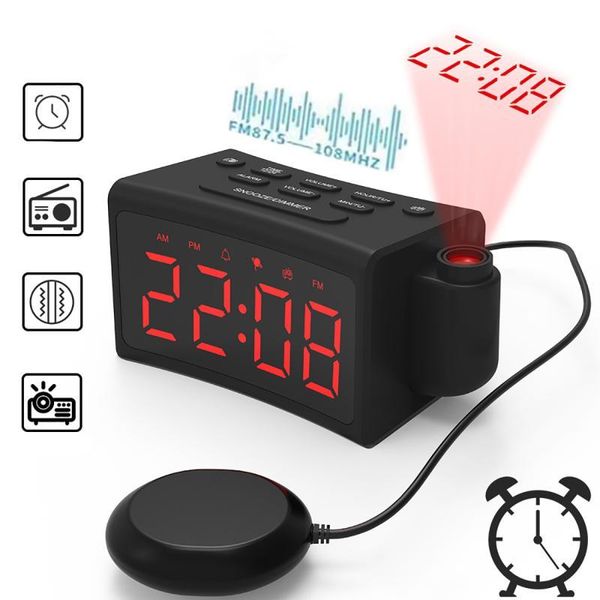 

desk & table clocks 180Â°rotating digital projection curved radio alarm clock + single vibration for heavy sleepers