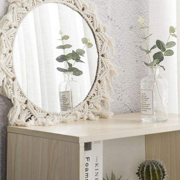 

mirrors handmade woven hanging wall mirror bohemian antique braided cotton rope macrame fringe tassels tapestry round decoration