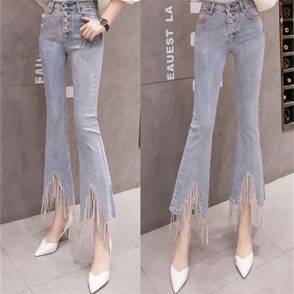 

jeans women with diamond chains tassels irregular fur trim horn pants nine-minute trousers single-breasted jeans jeansy damskie 210202, Blue