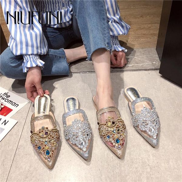 

niufuni summer transparent small pointed toe women's slippers small colored diamond sequined flat shoes fashionable comfortable, Black