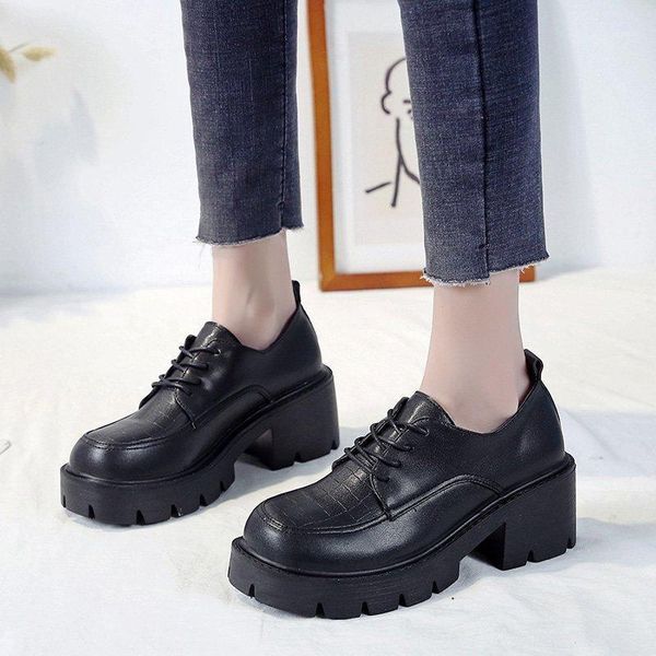 

boots women round toe chunky lace up high heels woman patent leather shoes platform ankle for spring ladies drop1, Black