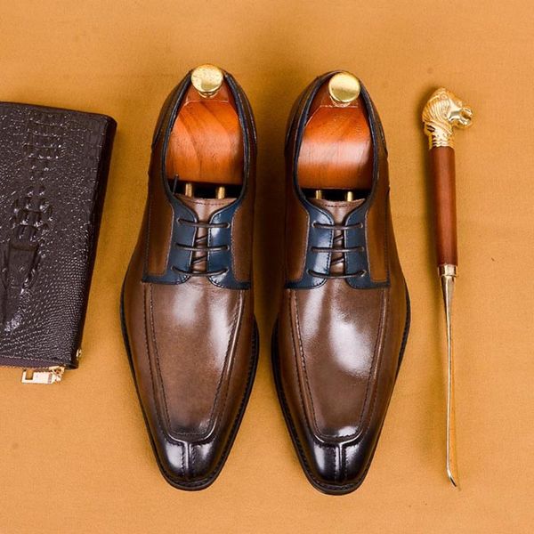 

genuine leather mens dress shoes formal business lace up waxing process italian office wedding party shoes a74, Black