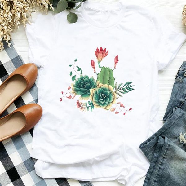 

plant cactus flower aesthetic printing women t shirt short sleeve tee clothes graphic, White