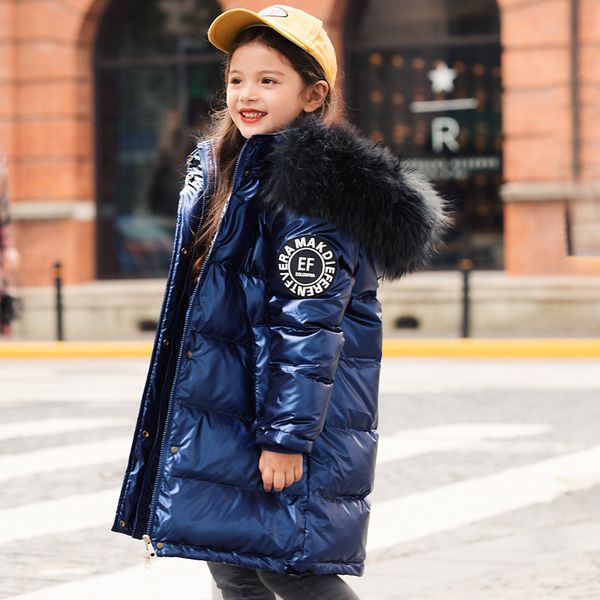 

new childrens down jacket girls and boys medium length thickened big fur collar winter coat middle school students bright face wear yrf 001, Blue;gray
