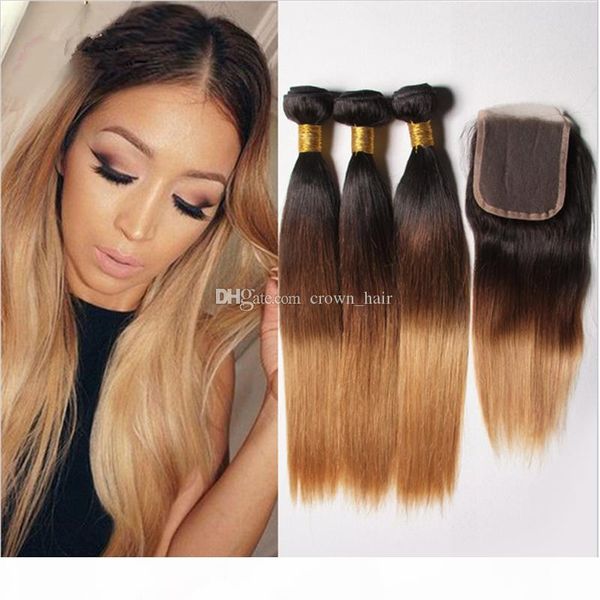 

honey blonde brazilian ombre straight hair bundles with lace closure dark roots #1b 4 27 hair weaves with lace closure for black woman