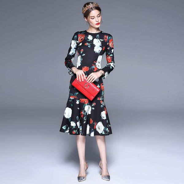 

casual dresses customized runway designer boutique elegant retro dress womens red white rose printed full sleeve mermaid, Black;gray