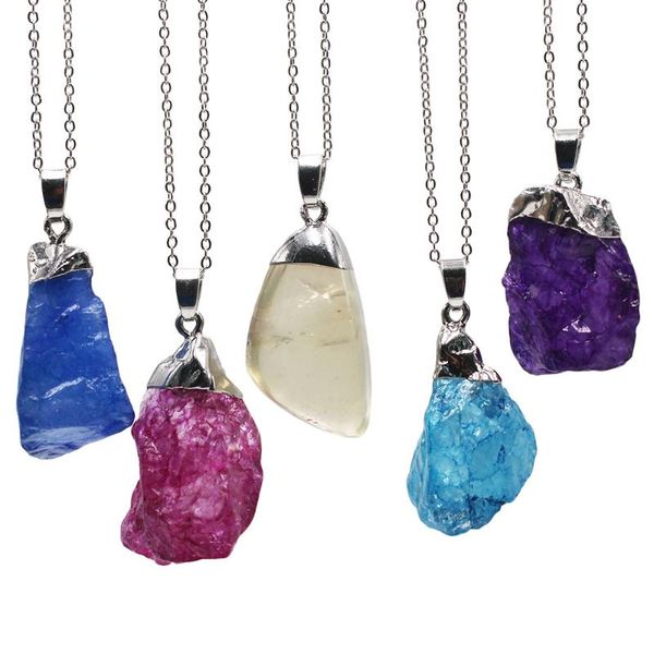 

irregular natural stone purple healing crystal reiki chakra pendant necklace 1pcs, Silver