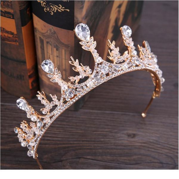 

trendy wedding hair accessories gold rhinestone pearl crystal head band crown bridal headdress queen crown bridal weddi qylyco