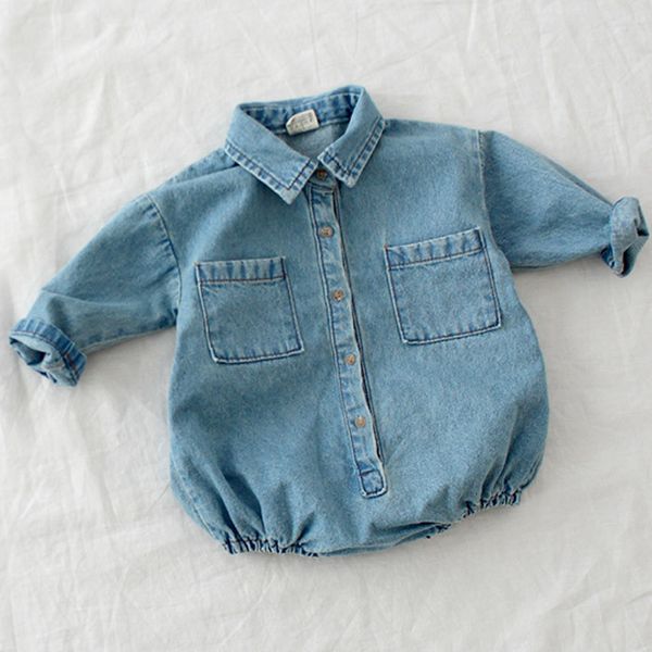 

autumn baby toddler long sleeve lapel collar denim jeans rompers kids infant jumpsuits baby boys girls clothes rompers, Blue